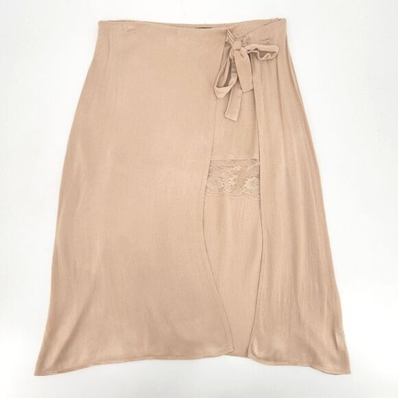 Zara Beige Double Layer Lace Trim Mock Wrap Bow Midi Skirt Womens Size Large - Picture 1 of 14
